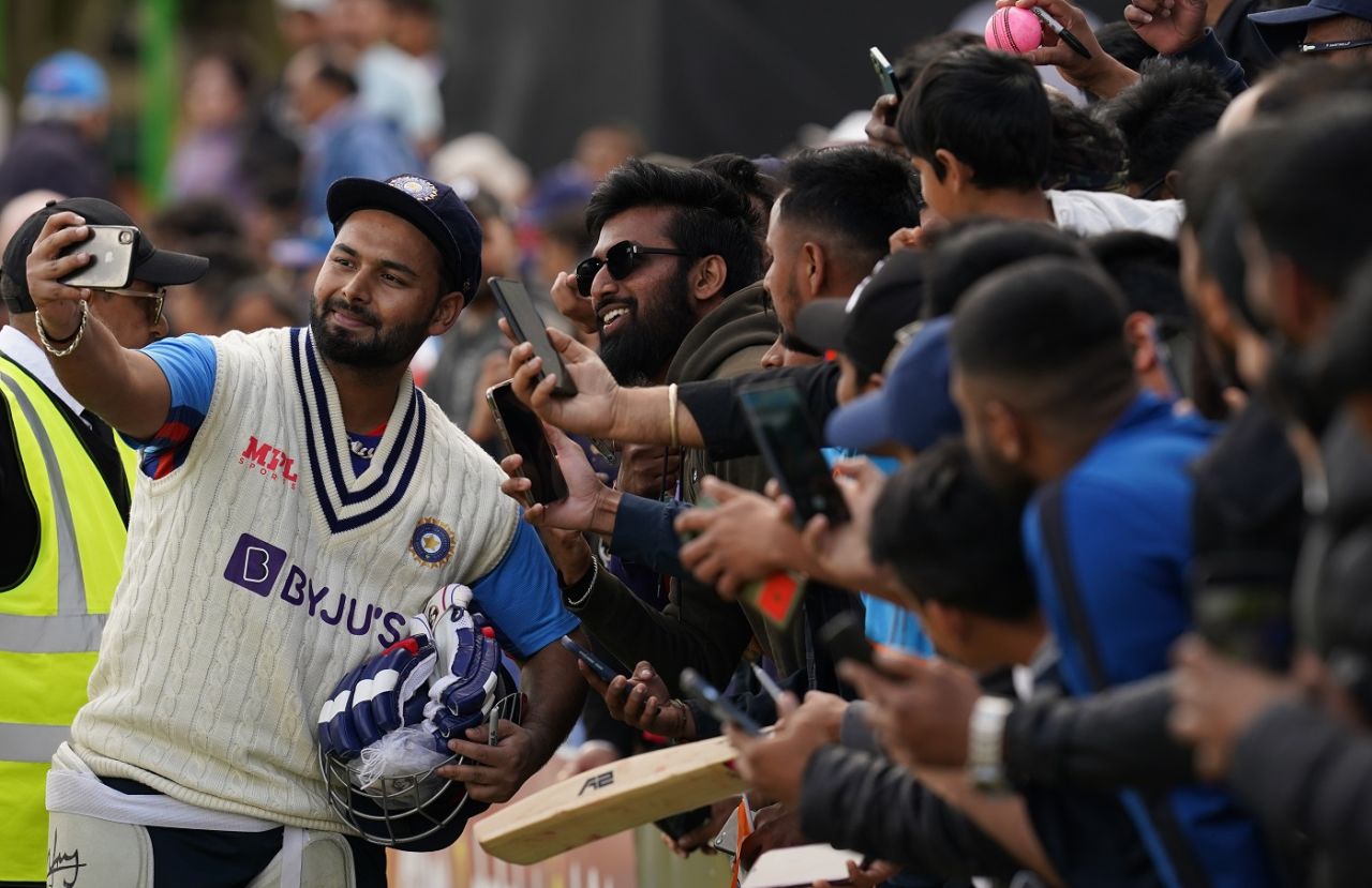 Fan favourite: Rishabh Pant acknowledges supporters with a selfie, Leicestershire v Indians, 3rd day, Leicester, June 25, 2022
