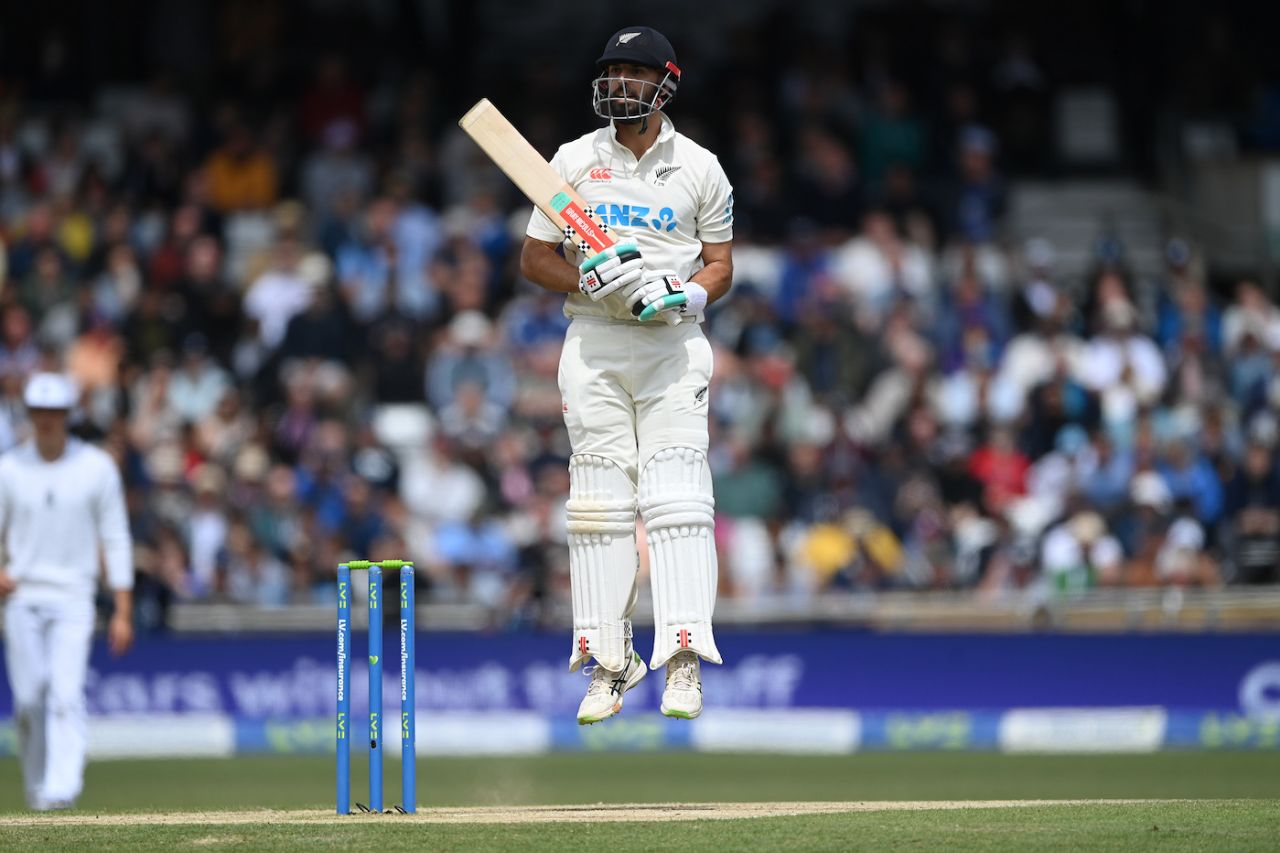 Daryl Mitchell jumps as he watches the ball go, England vs New Zealand, 3rd Test, Headingley, 4th day, June 26, 2022