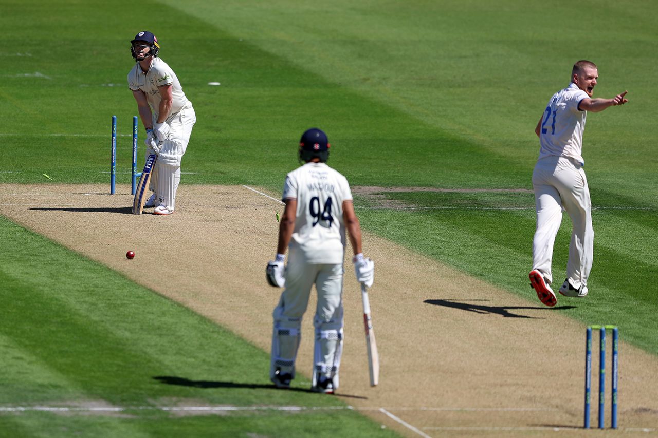 Sean Hunt celebrates after bowling Brooke Guest, Sussex vs Derbyshire, County Championship, Hove, June 26, 2022