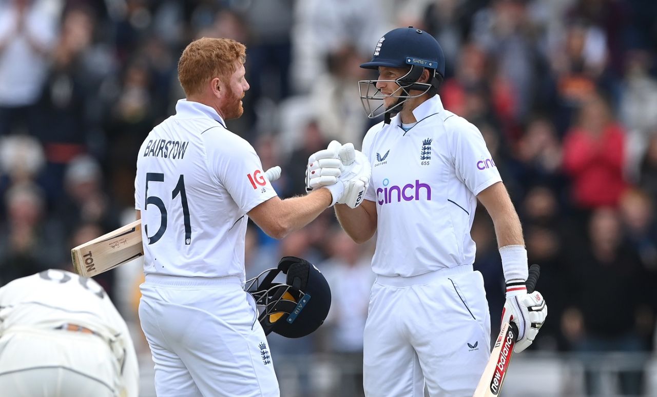Jonny Bairstow and Joe Root celebrate after England completed a 3-0 clean sweep, England vs New Zealand, 3rd Test, Headingley, 5th day, June 27, 2022