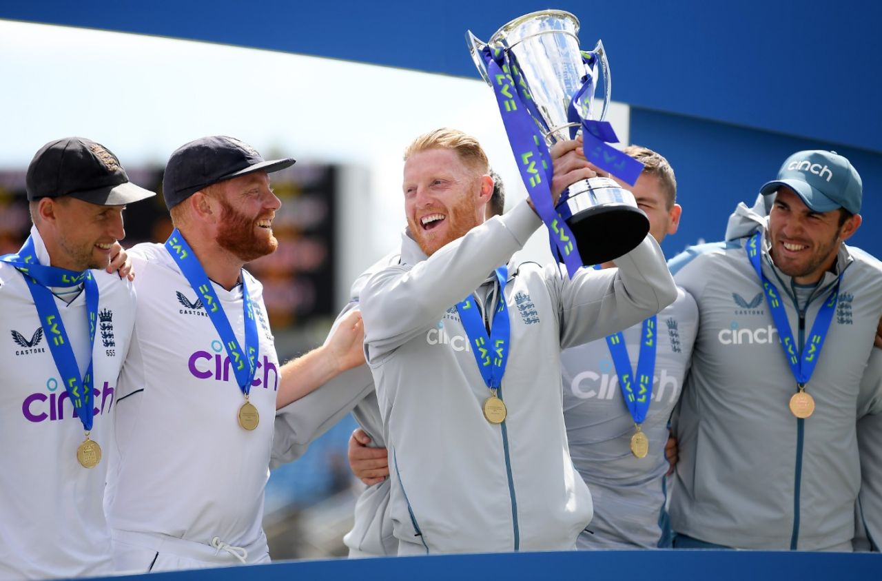 Ben Stokes raises the series trophy after England's 3-0 series win, England vs New Zealand, 3rd Test, Headingley, 5th day, June 27, 2022
