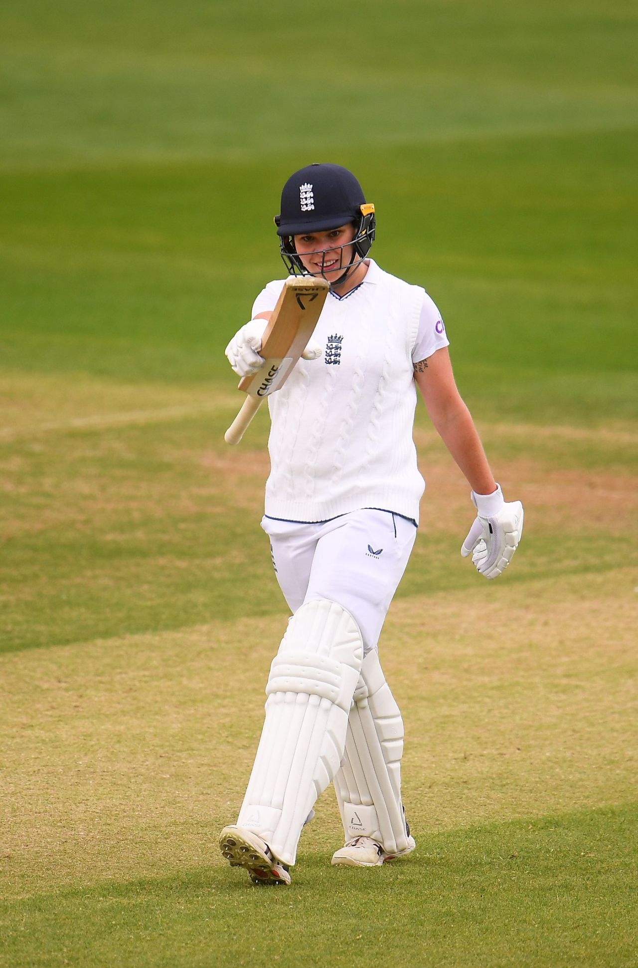 Alice Davidson-Richards raises her bat after her half-century, England vs South Africa, Only Women's Test, Taunton, 2nd day, June 28, 2022
