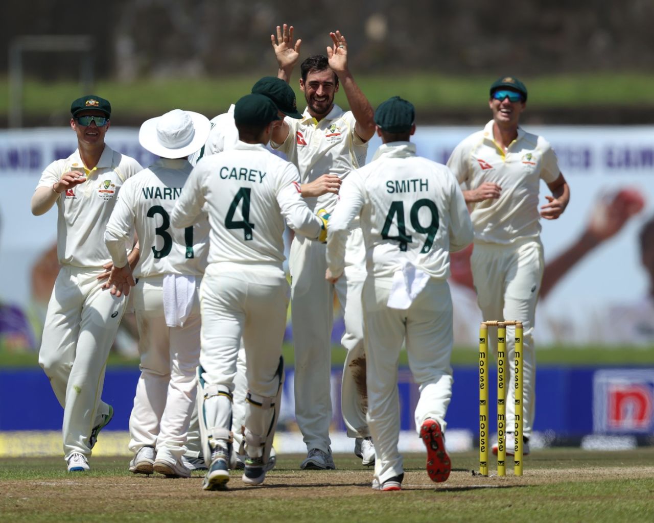 Mitchell Starc celebrates his first wicket of the series, Sri Lanka vs Australia, 1st Test, Day 1, Galle, June 29, 2022 