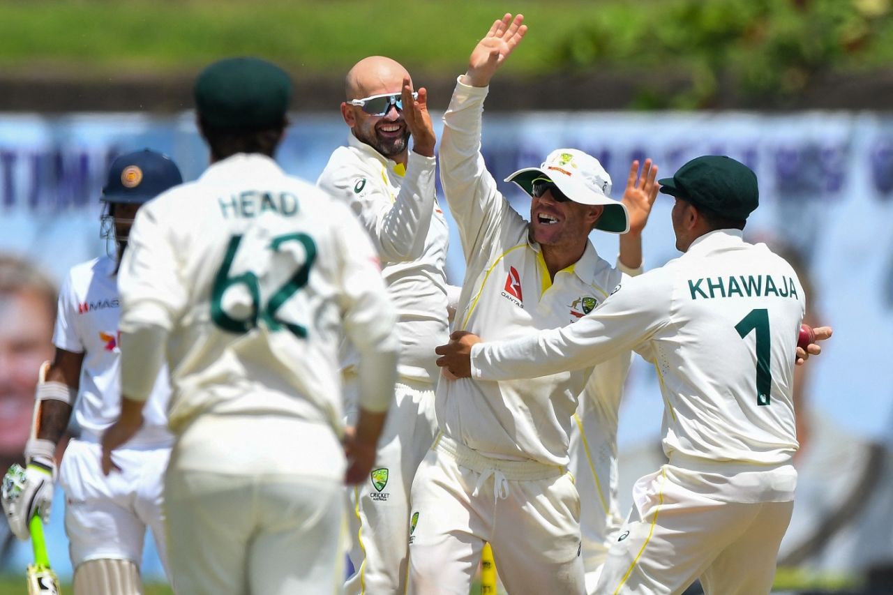 Nathan Lyon is mobbed by his teammates after he sent back Dimuth Karunaratne, Sri Lanka vs Australia, 1st Test, Day 1, Galle, June 29, 2022