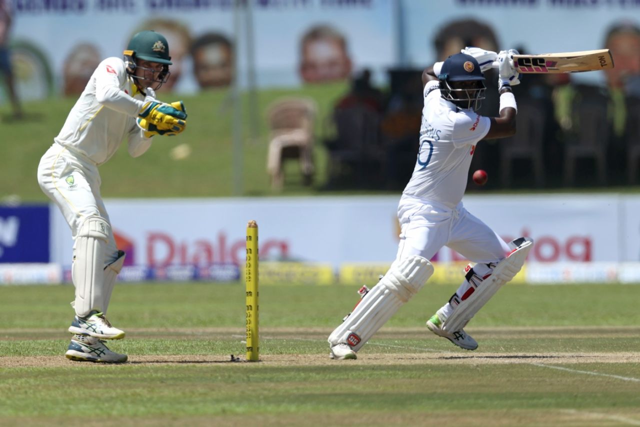 Angelo Mathews cuts behind point, Sri Lanka vs Australia, 1st Test, Day 1, Galle, June 29, 2022