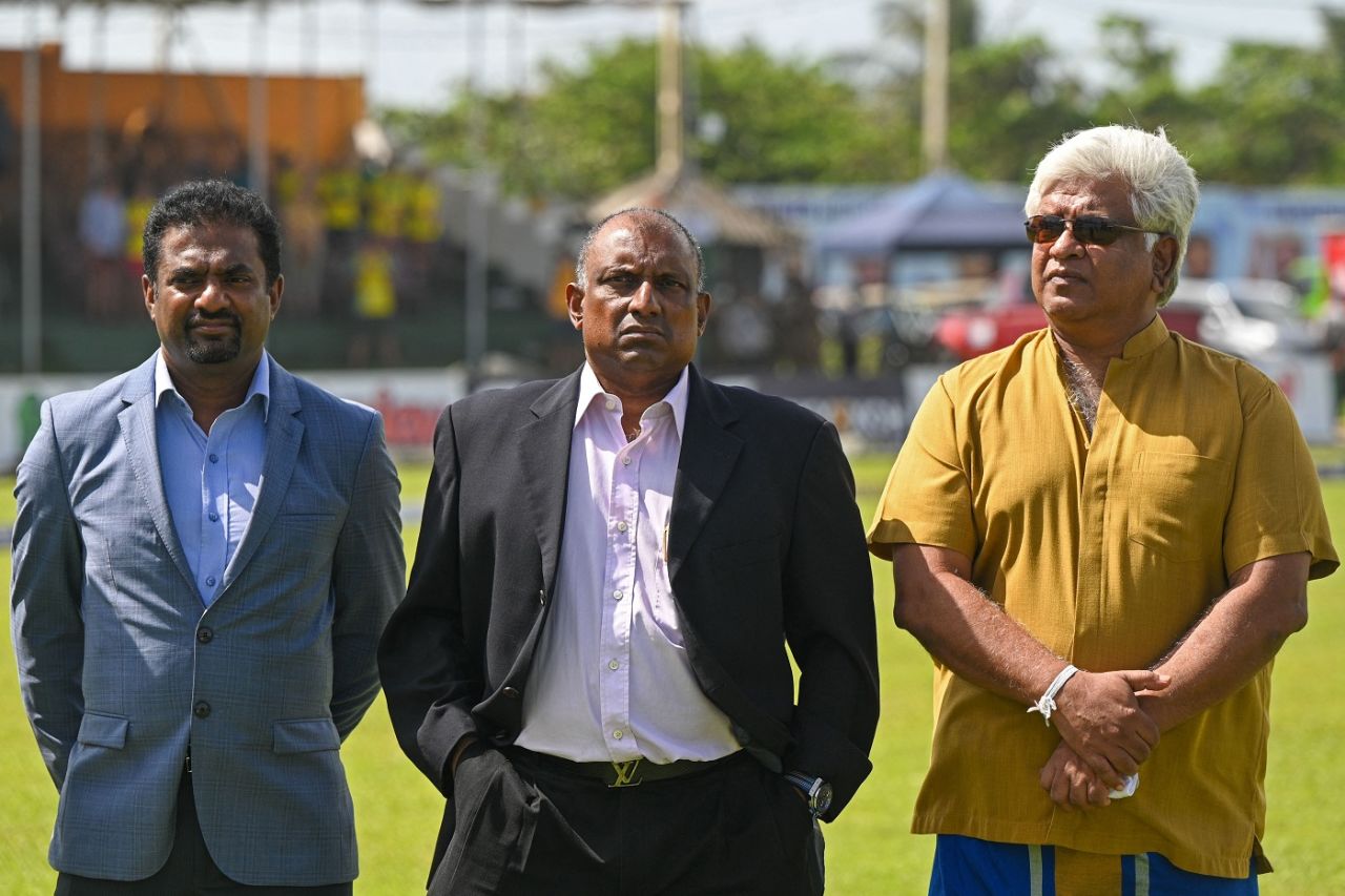 Muthiah Muralidaran, Arjuna Ranatunga and Aravinda de Silva in attendance on the opening day, Sri Lanka vs Australia, 1st Test, Day 1, Galle, June 29, 2022 