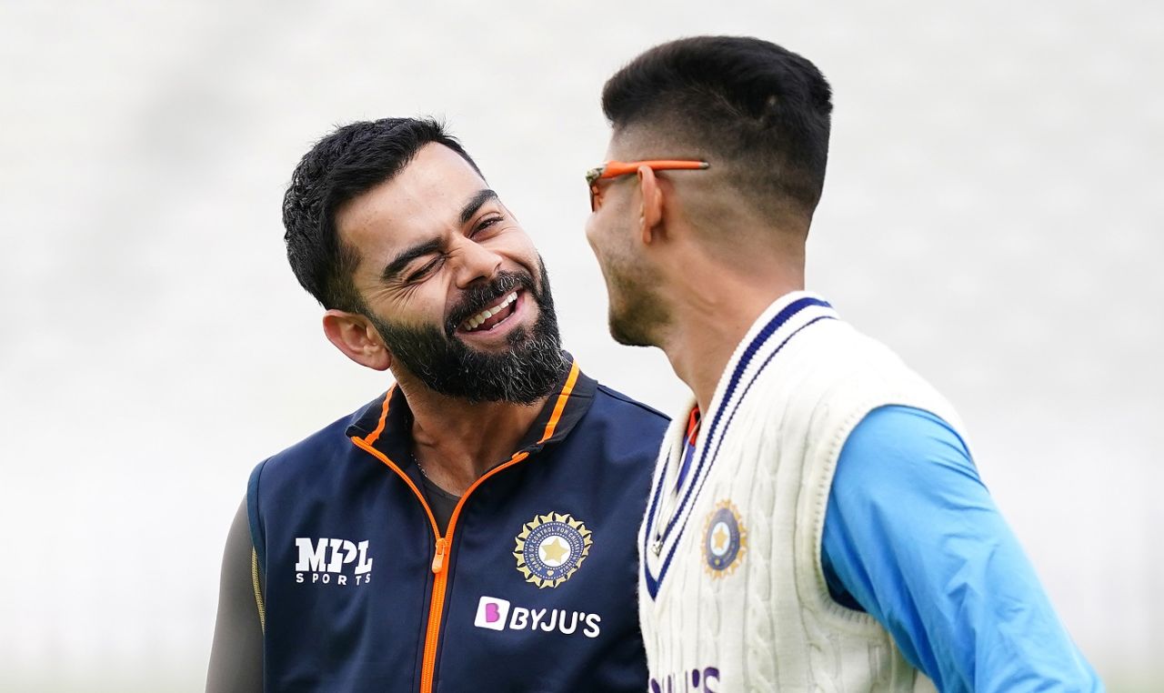 Virat Kohli and Shubman Gill share a light moment during India's training session, Birmingham, June 29, 2022