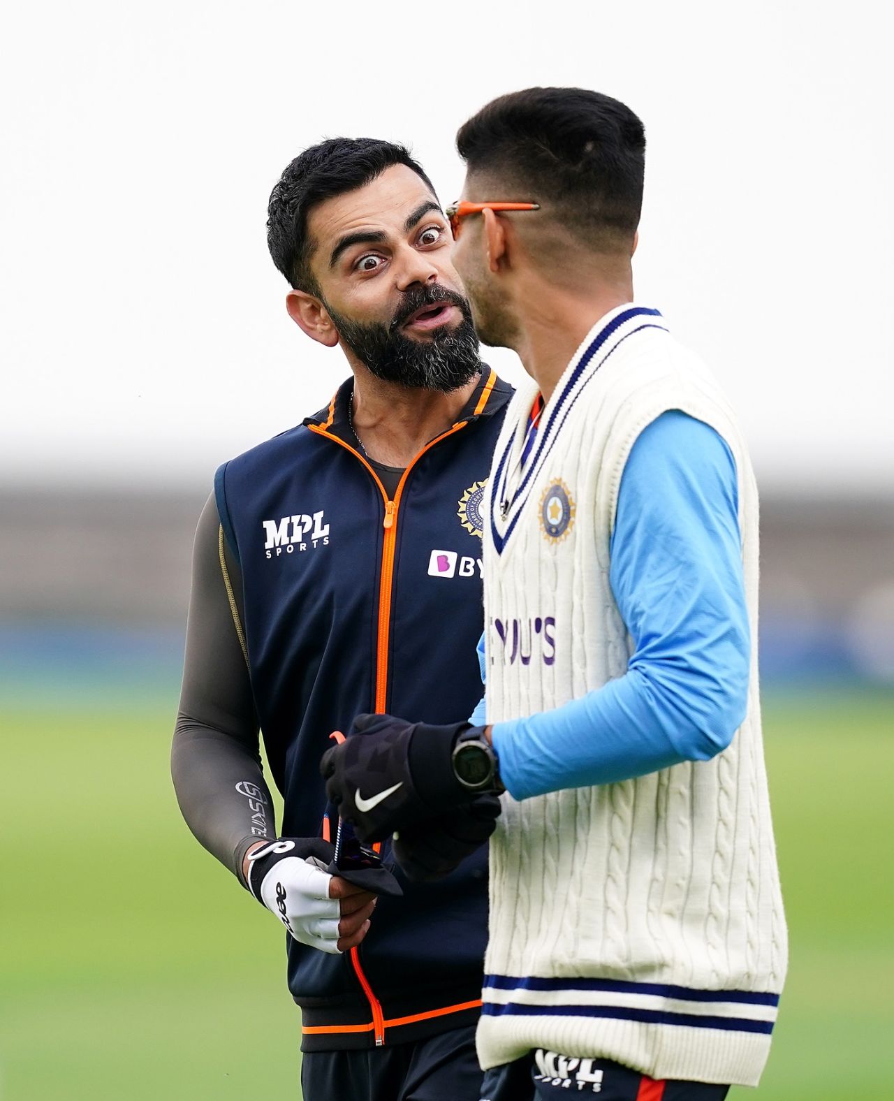 Virat Kohli and Shubman Gill share a light moment during India's training session, Birmingham, June 29, 2022