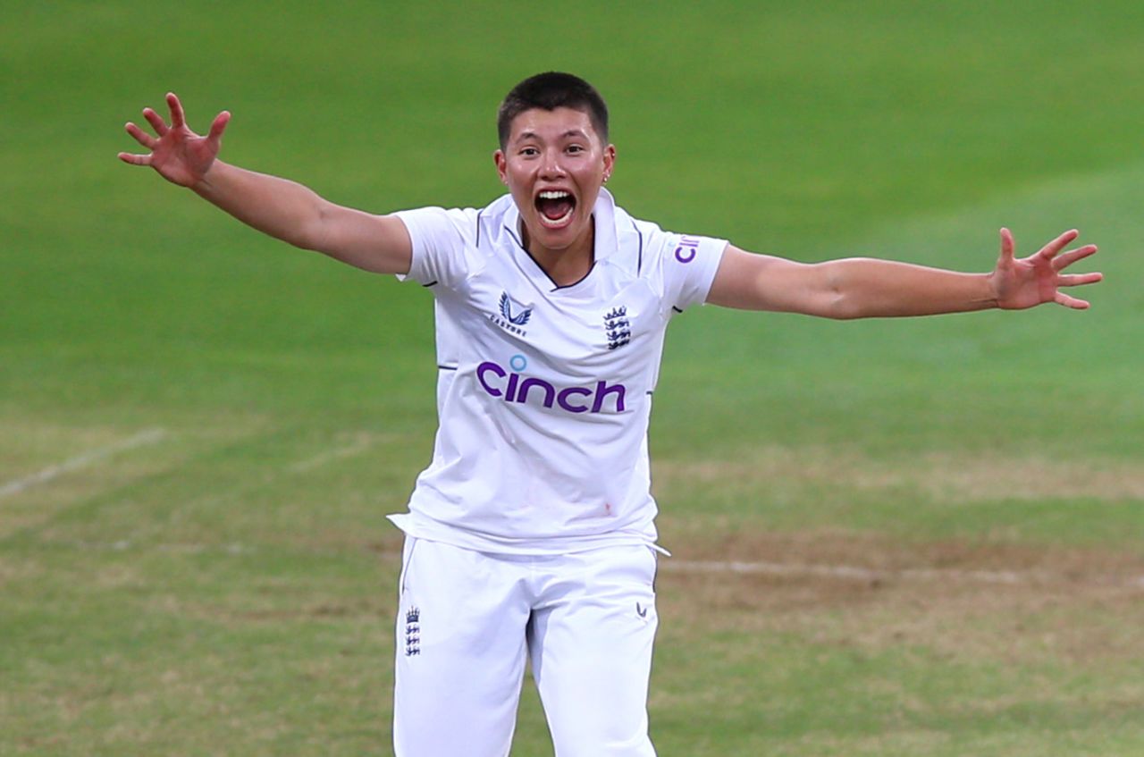 Issy Wong celebrates after taking the wicket of Lara Goodall, England vs South Africa, Only Women's Test, Taunton, 3rd day, June 29, 2022