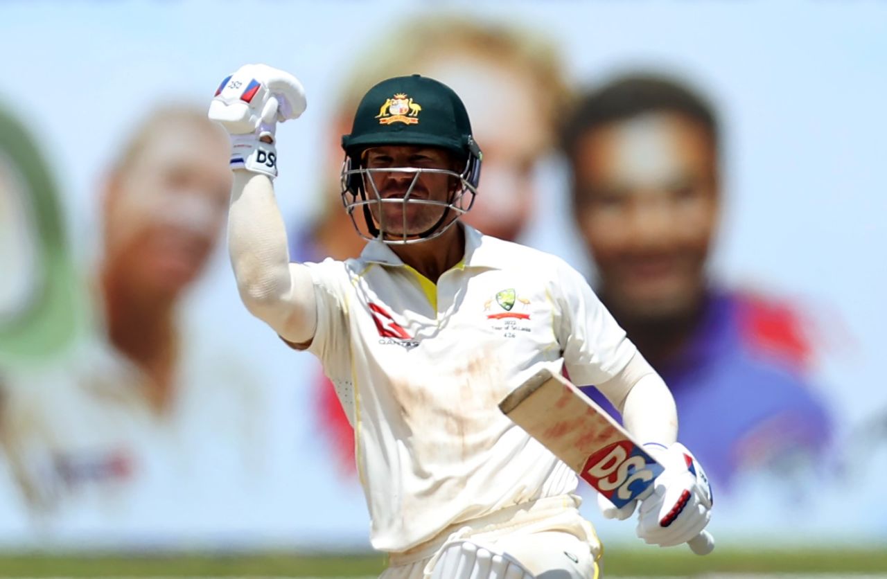 David Warner punches the air after the winning runs, Sri Lanka vs Australia, 1st Test, Galle, 3rd day, July 1, 2022