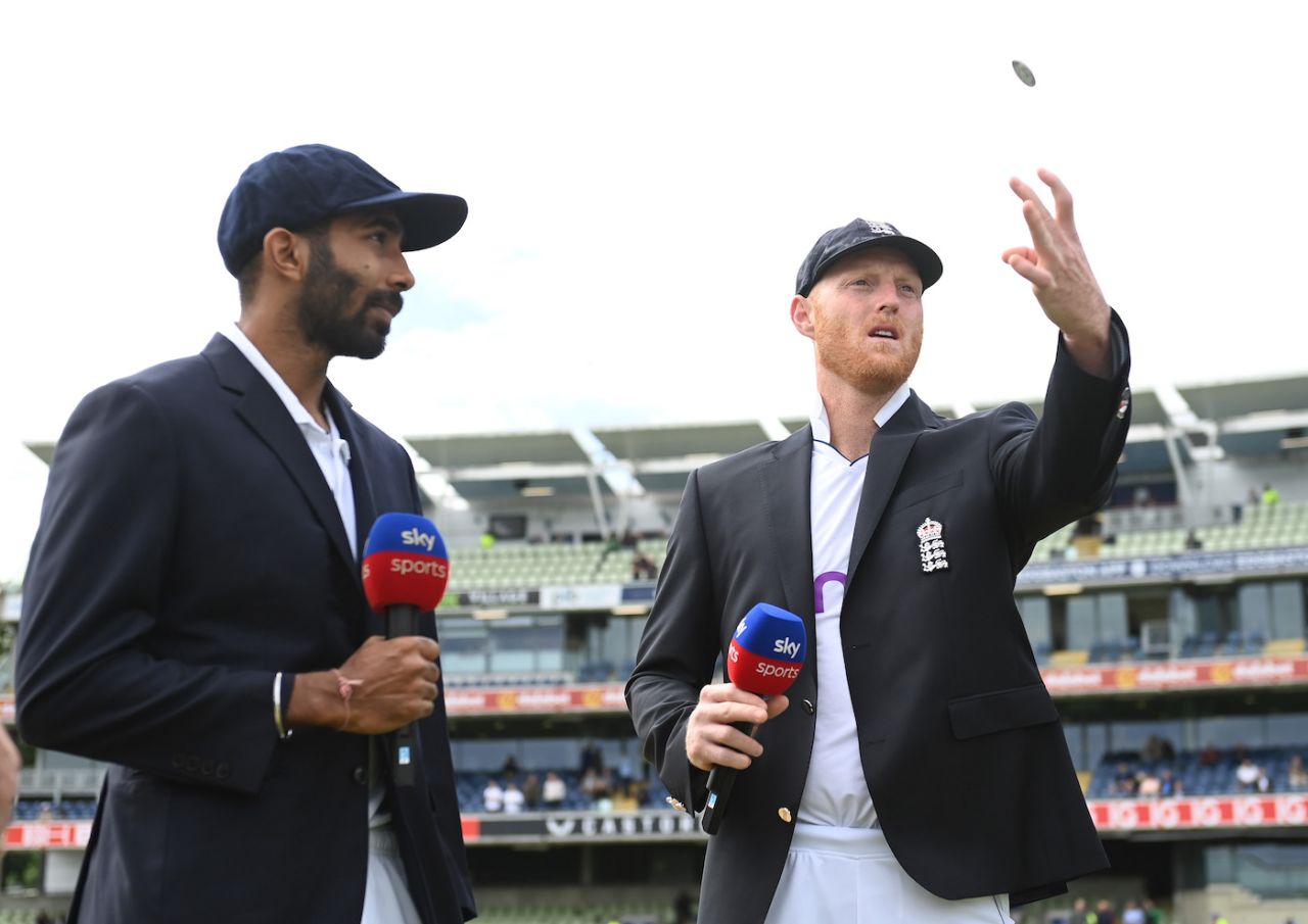 Ben Stokes flips the coin with Jasprit Bumrah alongside him - England won the toss and opted to field, England vs India, 5th Test, Birmingham, 1st day, July 1, 2022