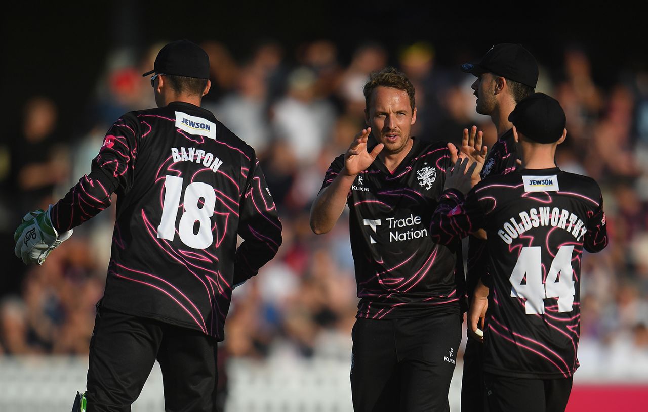 Josh Davey celebrates a wicket, Somerset vs Sussex, Vitality Blast, Taunton, June 1, 2022