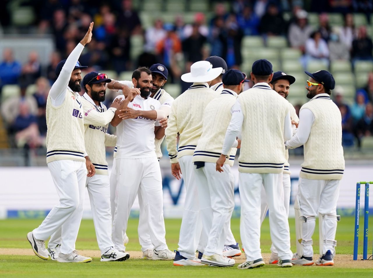 Mohammed Shami is mobbed by team-mates after dismissing Jack Leach, England vs India, 5th Test, Birmingham, 2nd day, July 2, 2022