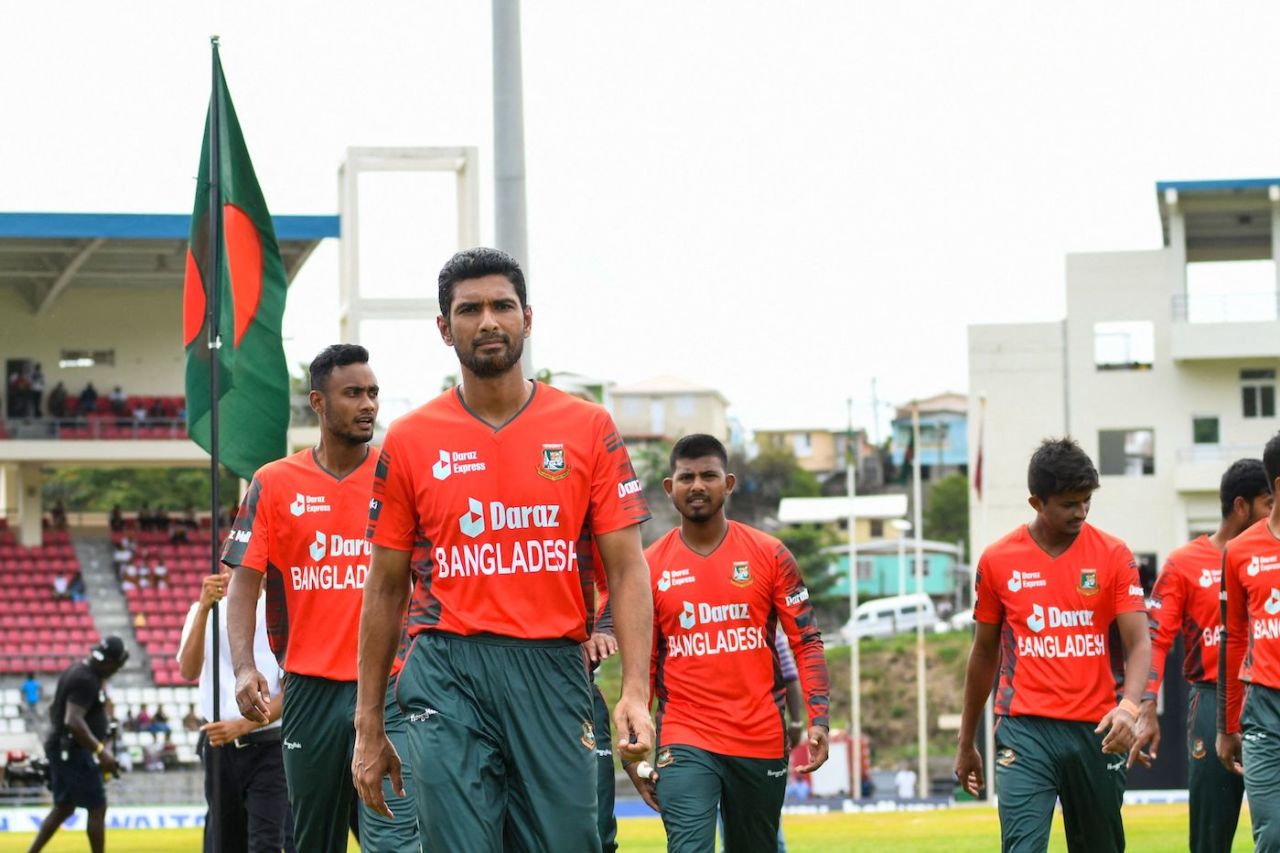 Mahmudullah, Shoriful Islam, and Mosaddek Hossain walk out to the field, West Indies vs Bangladesh, 1st T20I, Roseau, July 2, 2022