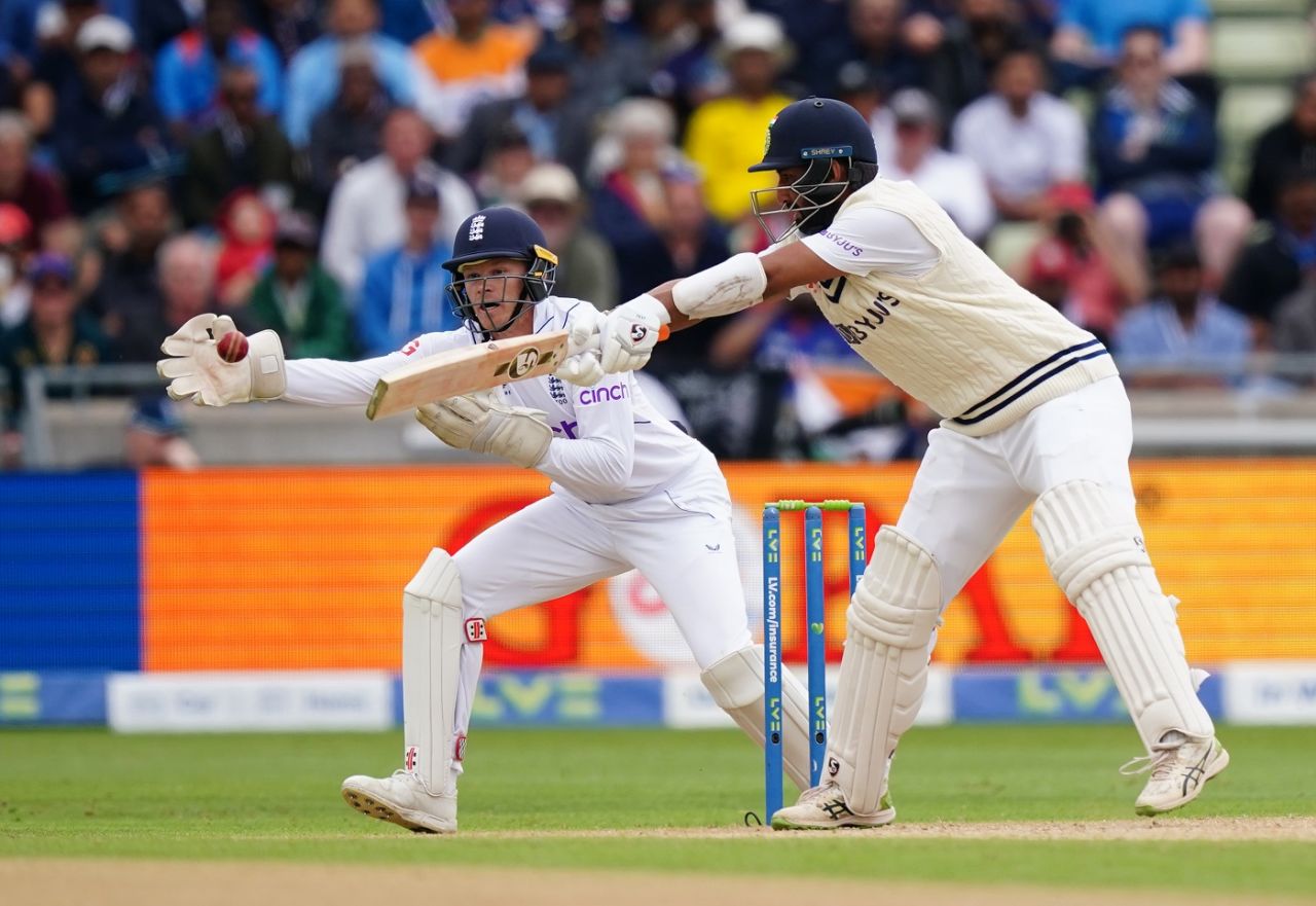 Cheteshwar Pujara reaches out for the ball, England vs India, 5th Test, Birmingham, 3rd Day, July 3, 2022
