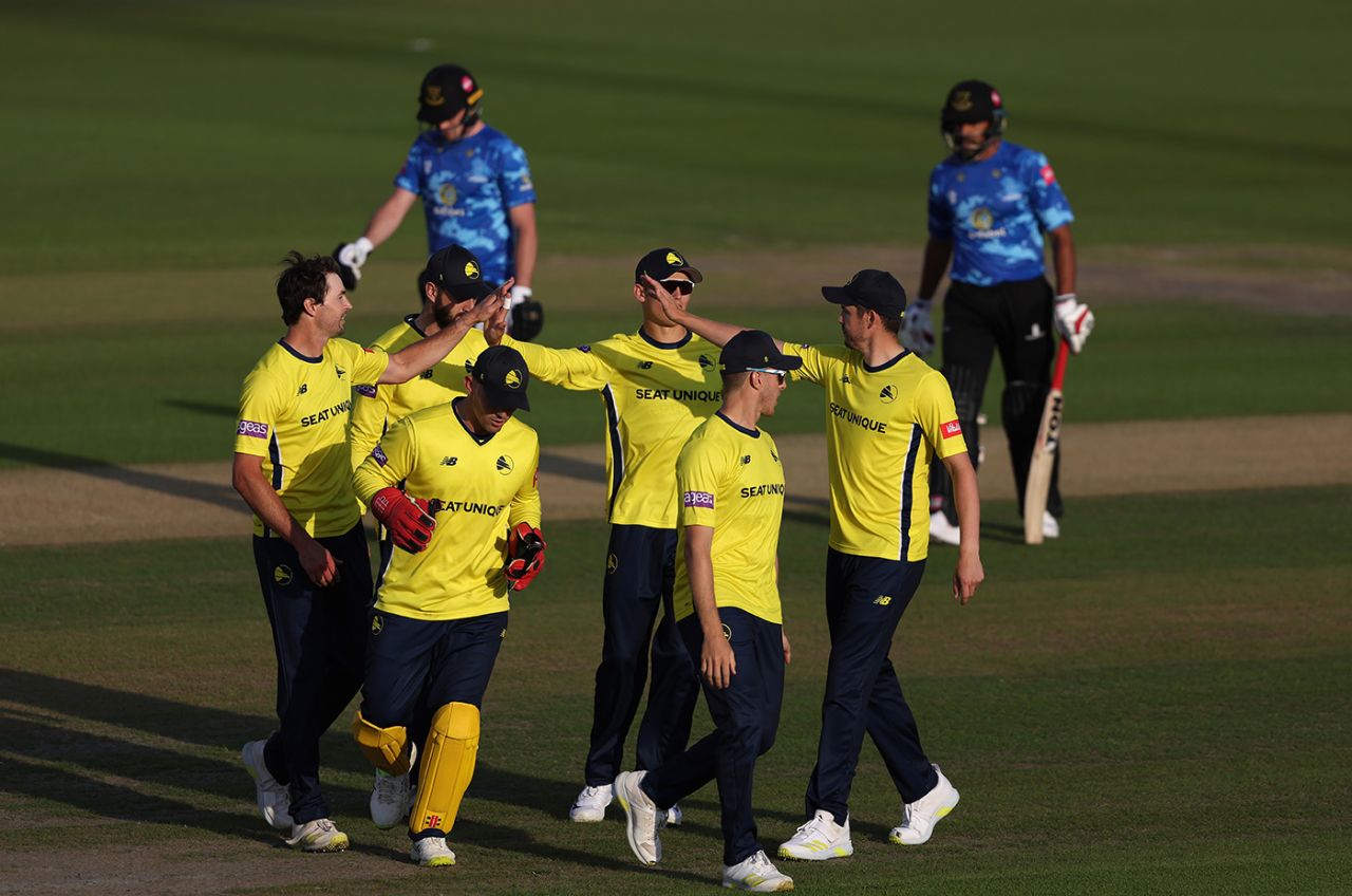 James Fuller is congratulated after dismissing Ravi Bopara, Vitality T20 Blast, Sussex vs Hampshire, Hove, July 03, 2022