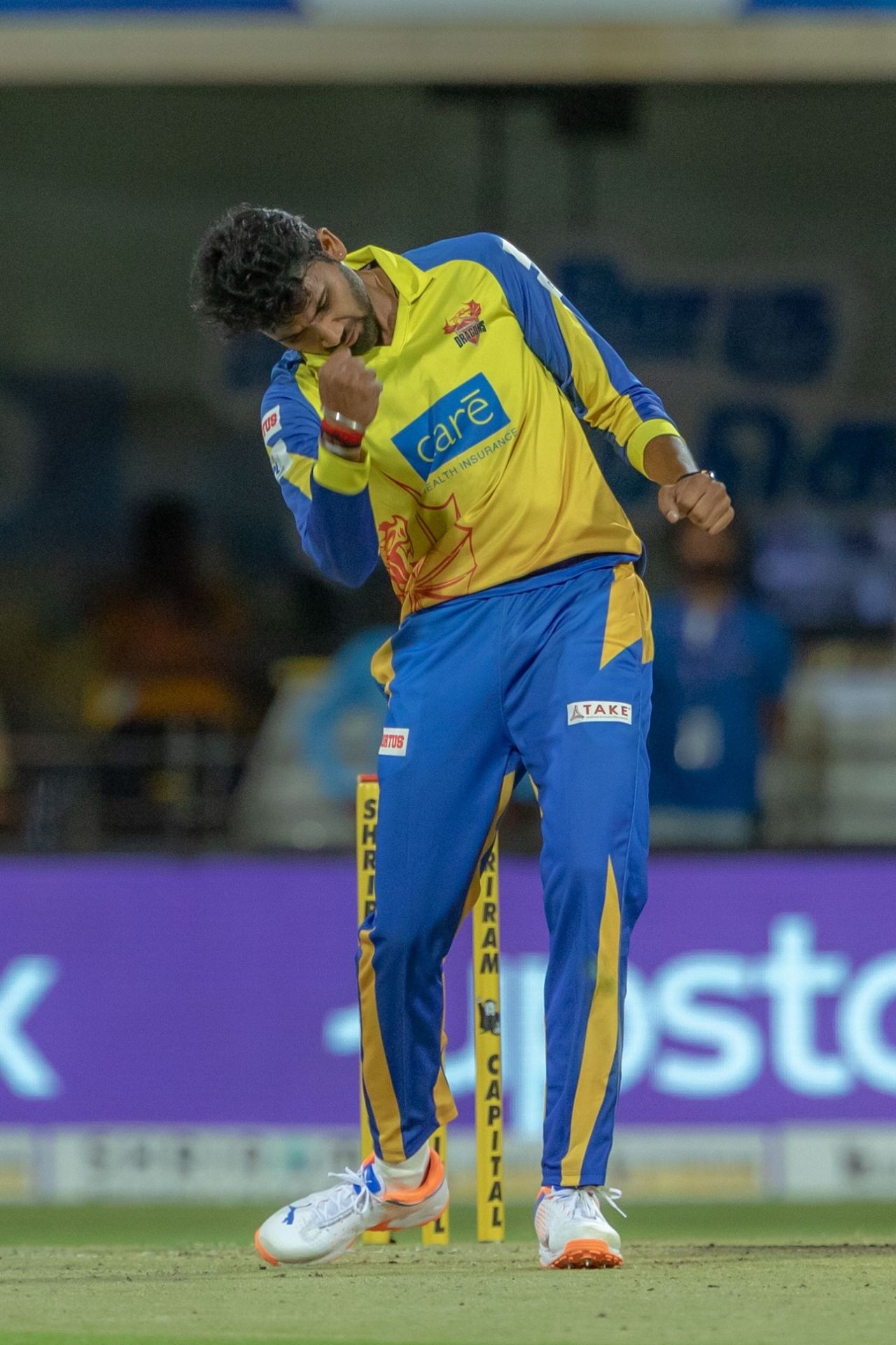 C Hari Nishaanth celebrates a wicket, Dindigul Dragons vs IDream Tiruppur Tamizhans, TNPL 2022, Dindigul, July 4, 2022