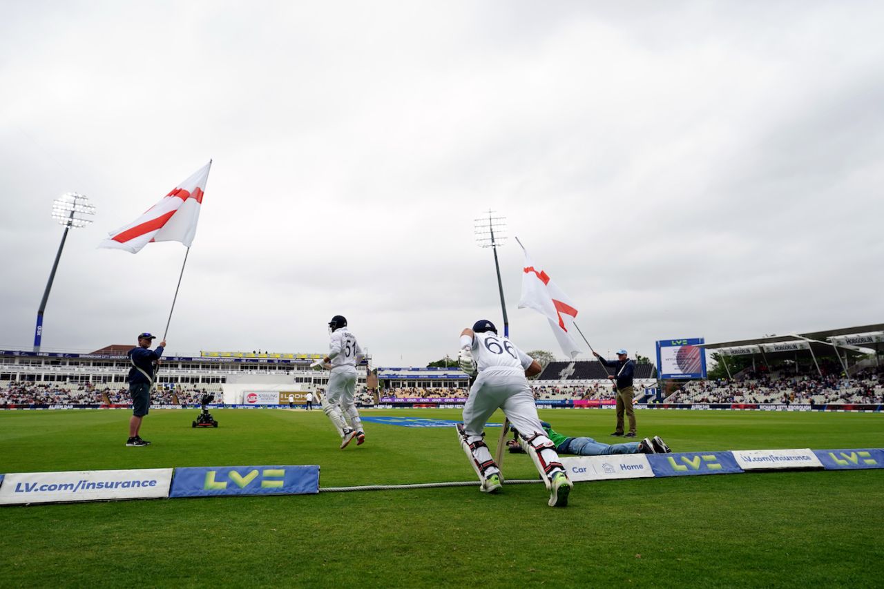 Overnight batters Jonny Bairstow and Joe Root jog out, England vs India, 5th Test, Edgbaston, 5th day, July 5, 2022