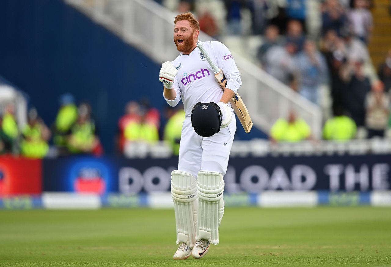 Jonny Bairstow fist pumps in celebration of his second hundred in the match, England vs India, 5th Test, Edgbaston, 5th day, July 5, 2022