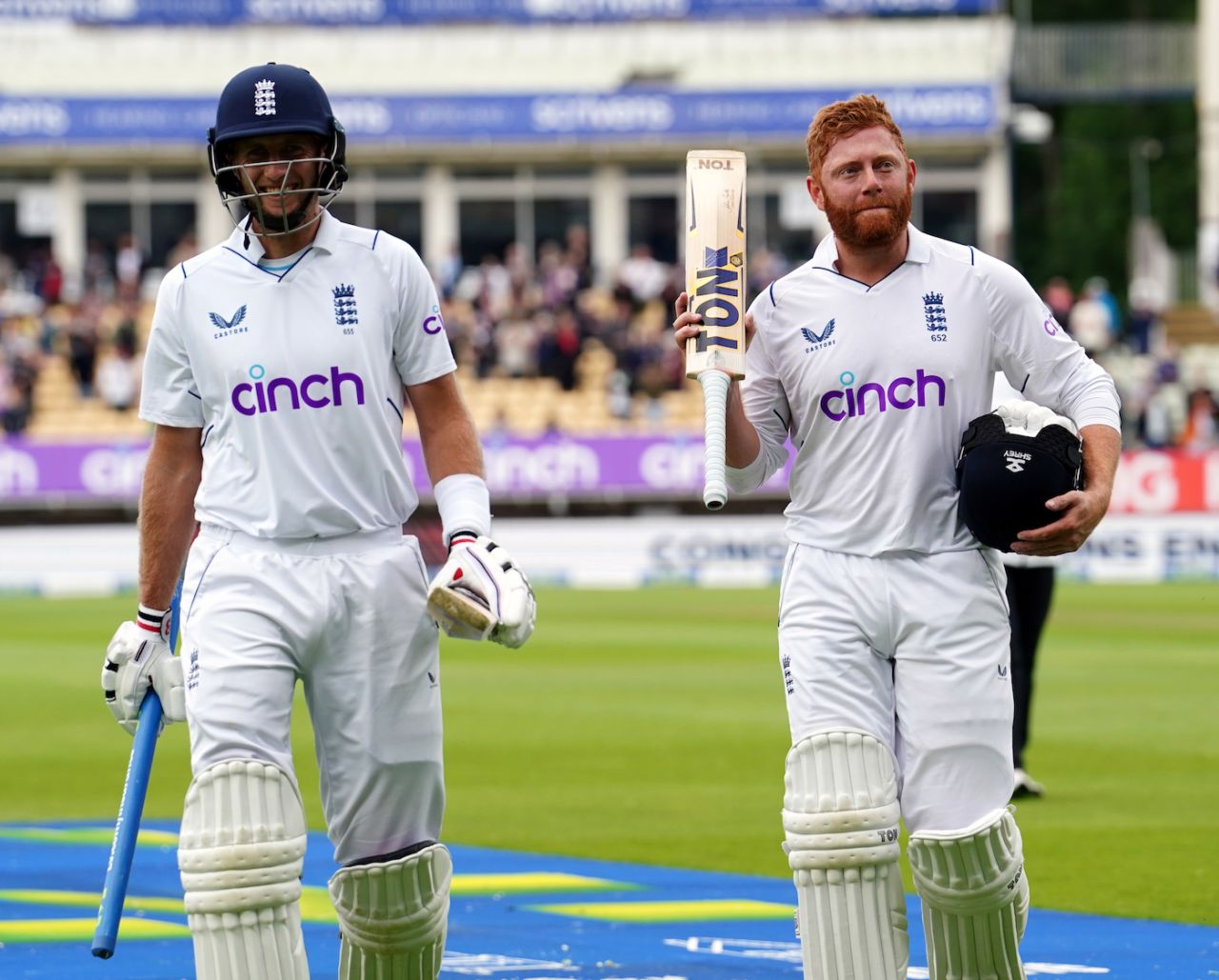 Joe Root and Jonny Bairstow walk off after completing the win with an unbroken 269-run stand, England vs India, 5th Test, Birmingham, 5th day, July 5, 2022