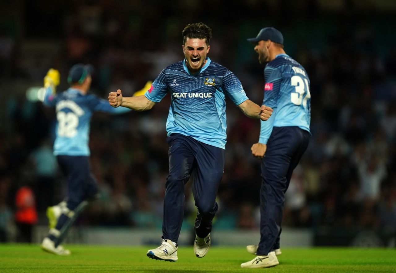 Jordan Thompson celebrates Yorkshire's one-run win after a sensational final over, Surrey vs Yorkshire, Vitality Blast, Kia Oval, July 6, 2022