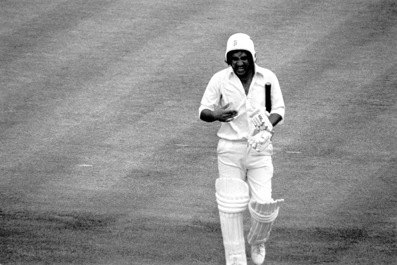 Sadiq Mohammad, wearing an unusually styled helmet, walks back to the pavilion after being dismissed for 23, first day, first Test, England vs Pakistan, Edgbaston, June 01, 1978