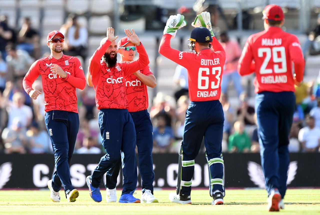Moeen Ali celebrates with team-mates after dismissing Rohit Sharma, England vs India, 1st T20I, Southampton, July 7, 2022