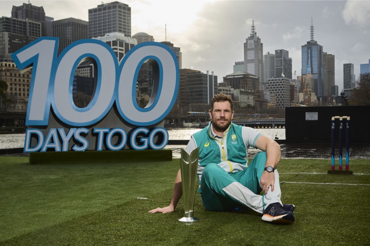 Aaron Finch with the men's T20 World Cup, 100 days before the tournament begins, Melbourne, July 8, 2022