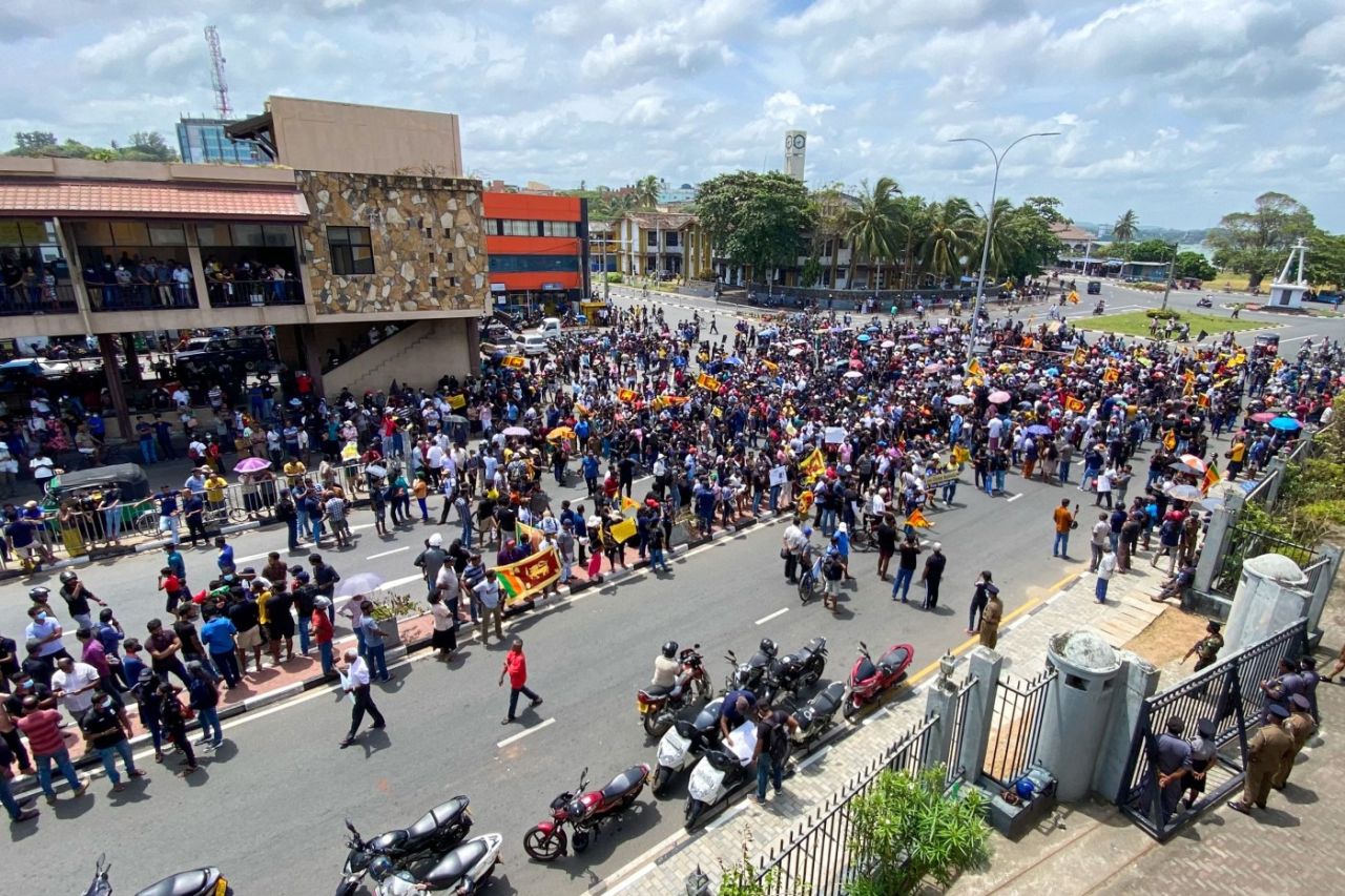 Protesters gather outside the main gates to the cricket ground, Sri Lanka vs Australia, 2nd Test, Galle, July 9, 2022