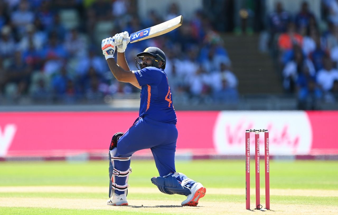 Rohit Sharma lifts David Willey over long leg for an early six, England vs India, 2nd men's T20I, Birmingham, July 9, 2022