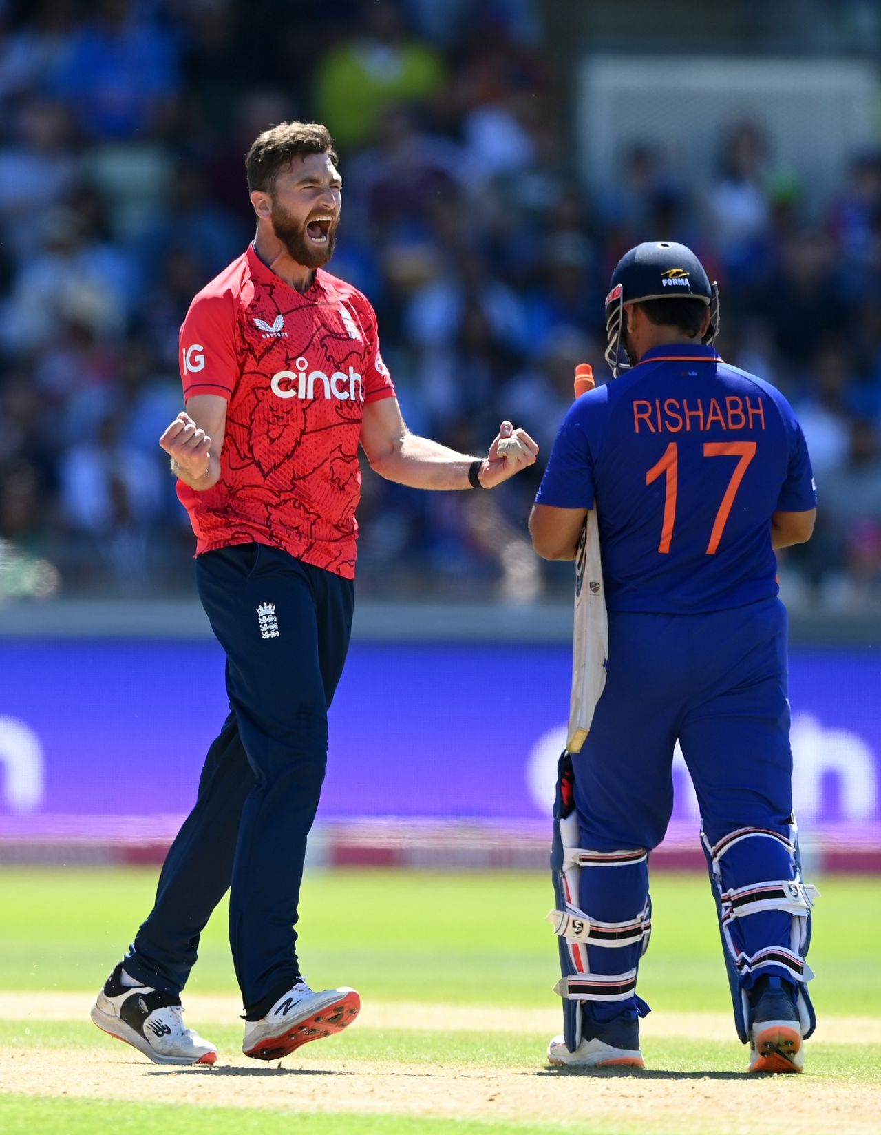 Richard Gleeson roars after getting the better of Rishabh Pant, England vs India, 2nd men's T20I, Birmingham, July 9, 2022
