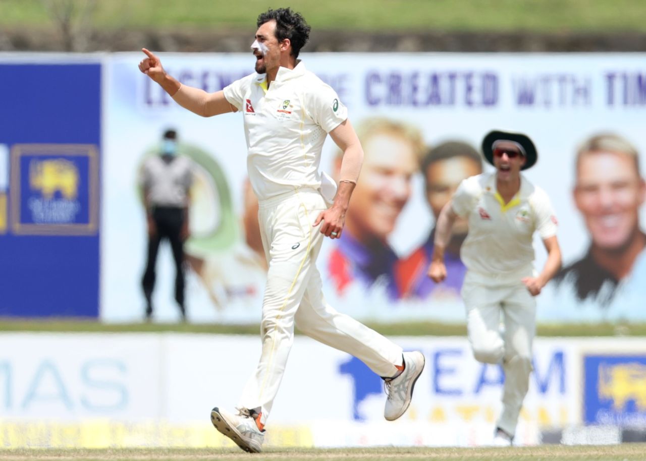 Mitchell Starc celebrates a key breakthrough, Sri Lanka vs Australia, 2nd Test, Galle, July 10, 2022