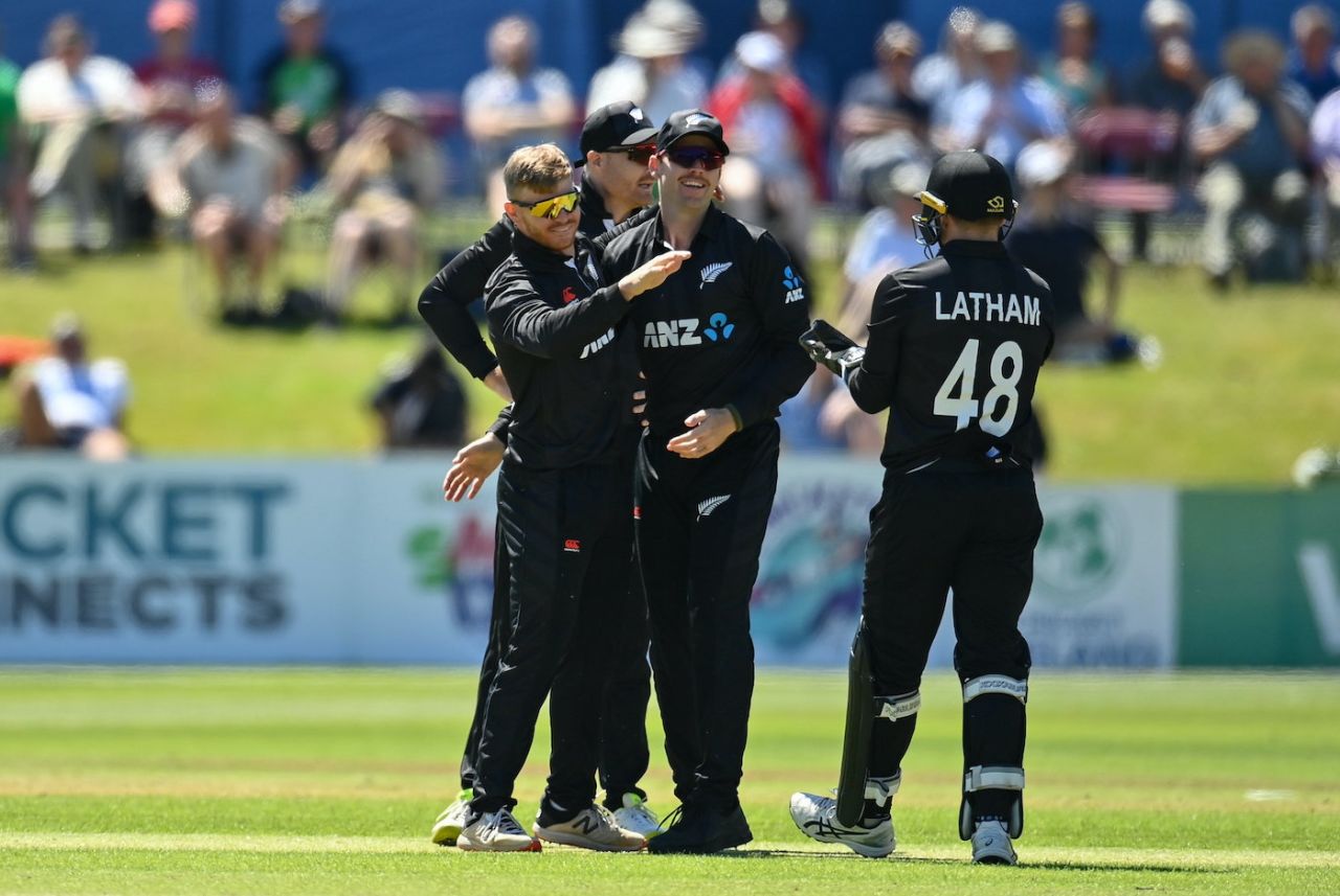 Glenn Phillips celebrates after picking up his first ODI wicket, Ireland vs New Zealand, 1st ODI, Dublin, July 10, 2022