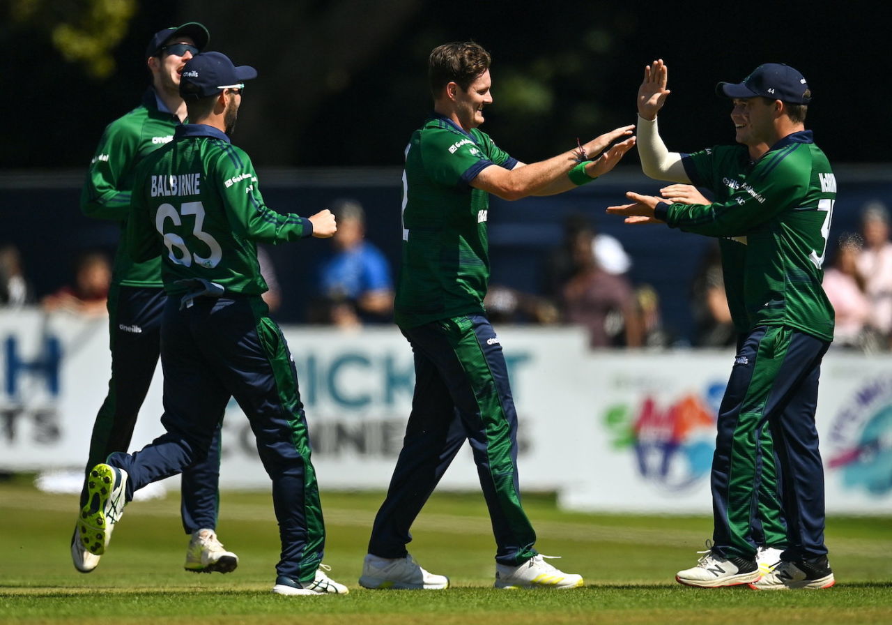 Mark Adair celebrates after removing Finn Allen, Ireland vs New Zealand, 1st ODI, Dublin, July 10, 2022