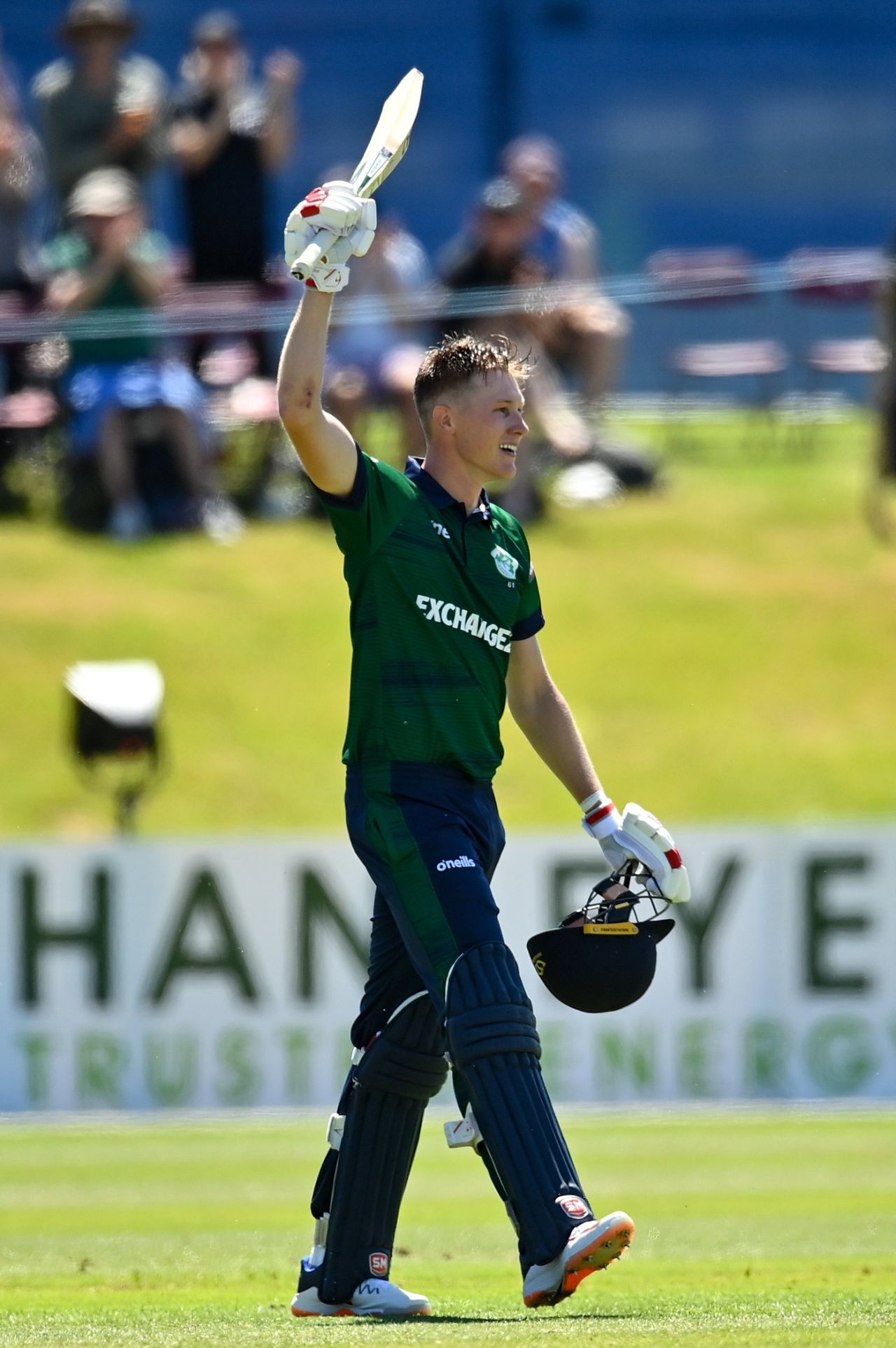 Harry Tector celebrates after getting through to his century with a flurry of boundaries, Ireland vs New Zealand, 1st ODI, Dublin, July 10, 2022