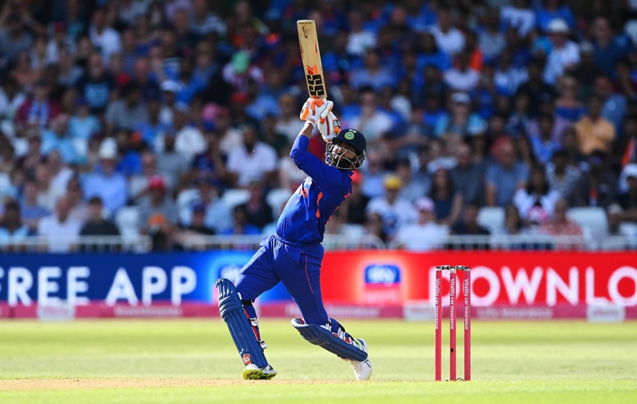Ravindra Jadeja hit a six during his brief stay in the middle, England vs India, 3rd men's T20I, Nottingham, July 10, 2022