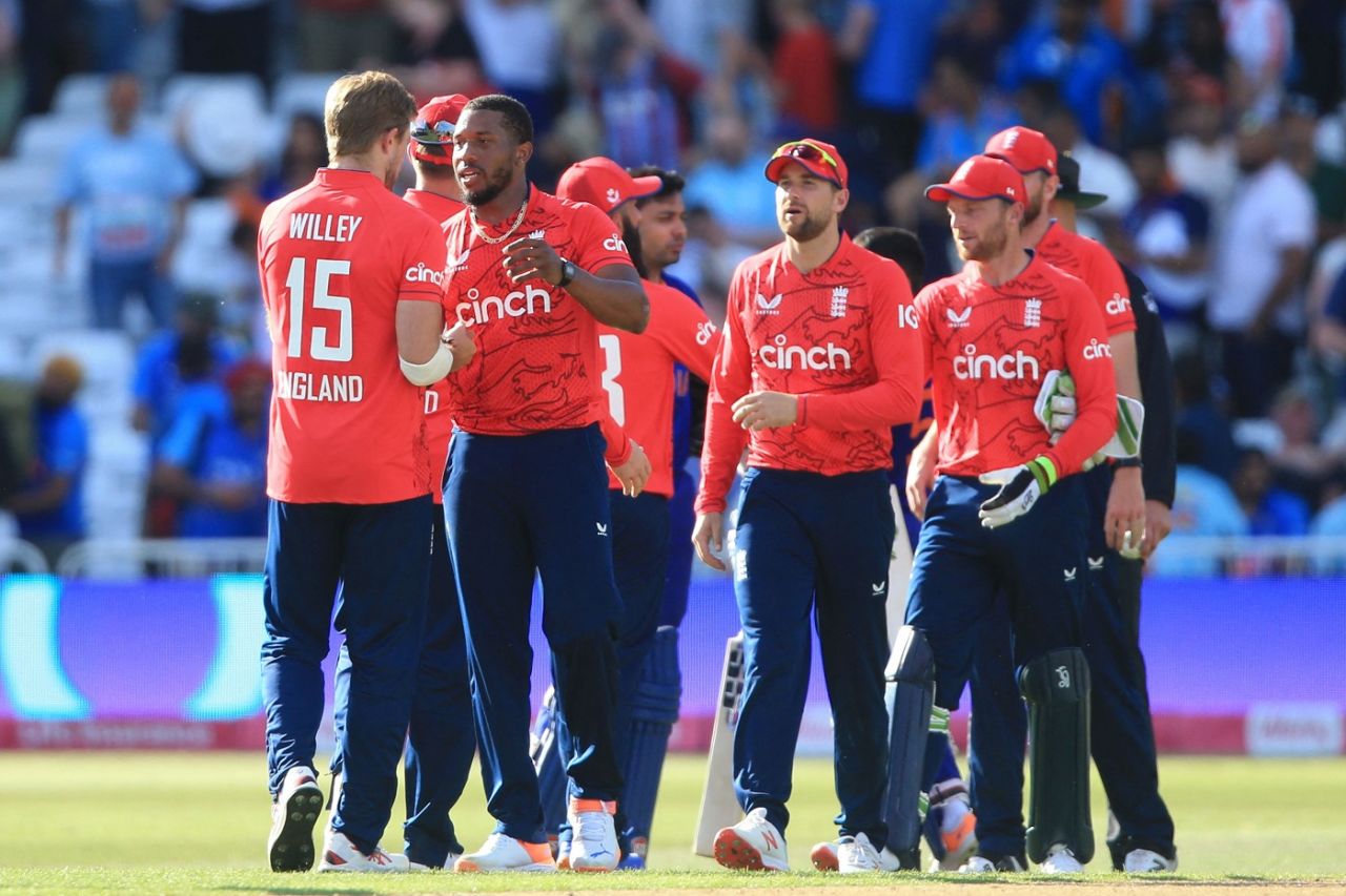 England celebrate after winning the final match, England vs India, 3rd men's T20I, Nottingham, July 10, 2022
