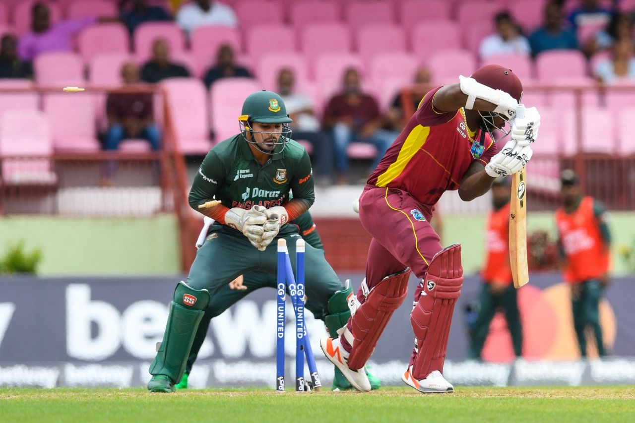 Kyle Mayers is bowled, West Indies vs Bangladesh, 1st ODI, Providence, July 10, 2022