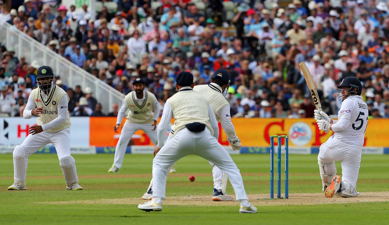 Jonny Bairstow plays a shot to the leg side, England vs India, 5th Test, Birmingham, 4th day, July 4, 2022