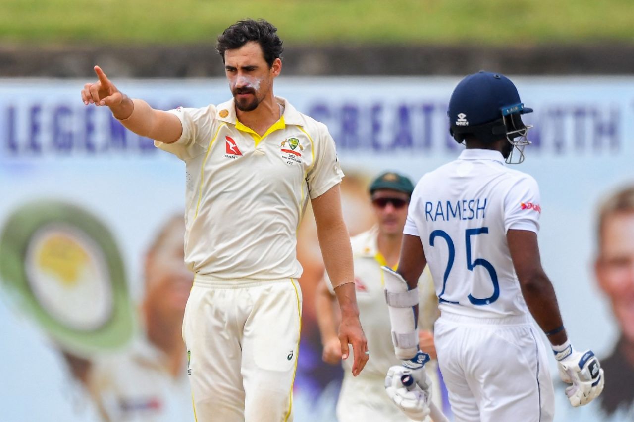 Mitchell Starc celebrates the wicket of Ramesh Mendis, Sri Lanka vs Australia, 2nd Test, Galle, July 11, 2022