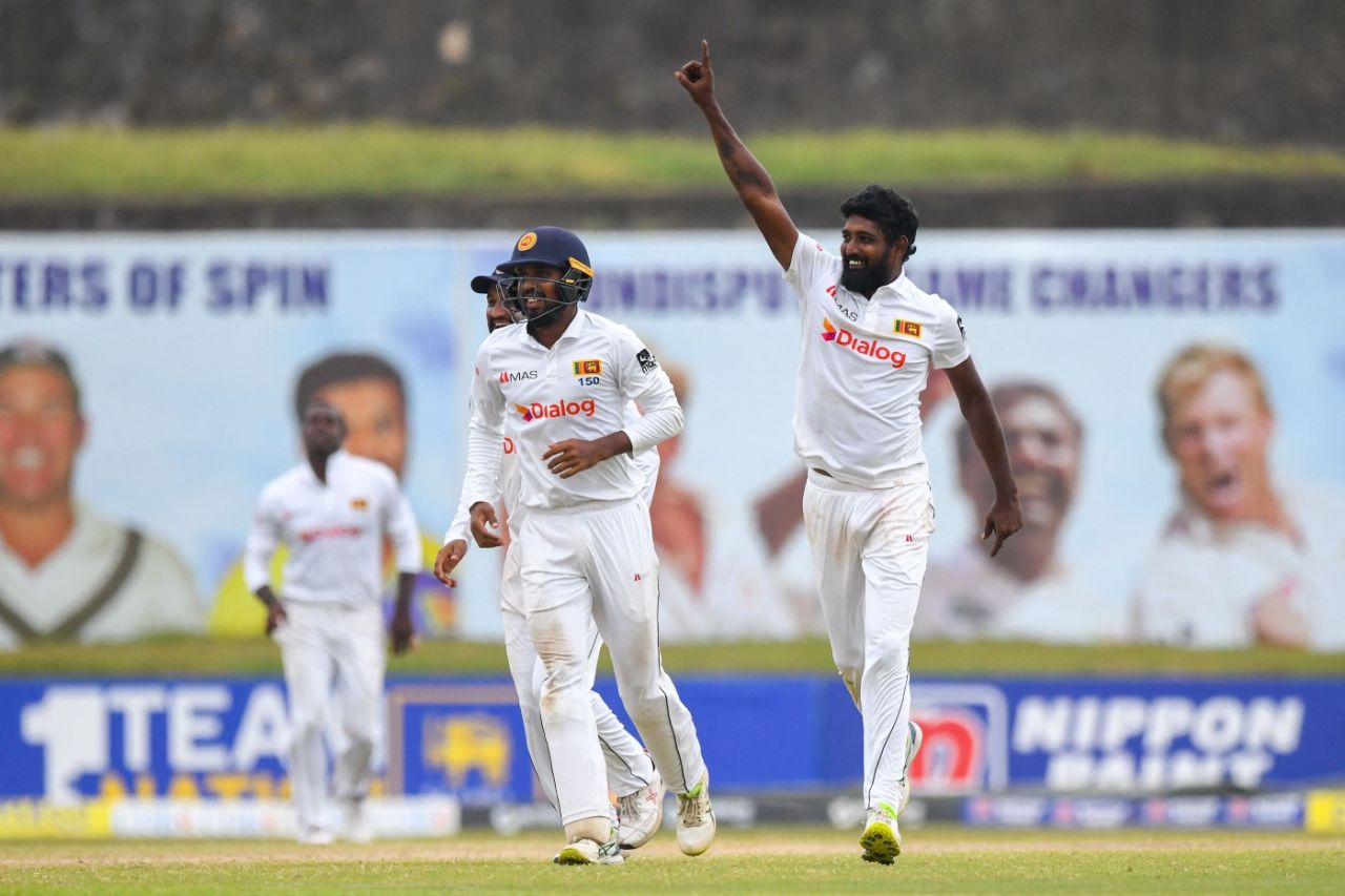 Prabath Jayasuriya celebrates the wicket of Mitchell Starc, Sri Lanka vs Australia, 2nd Test, Galle, July 11, 2022