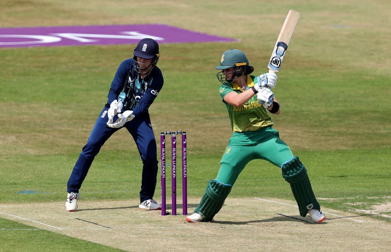 Laura Wolvaardt goes back to cut one off Sophie Ecclestone as Amy Jones watches on, England vs South Africa, 1st women's ODI, Nottingham, July 11, 2022