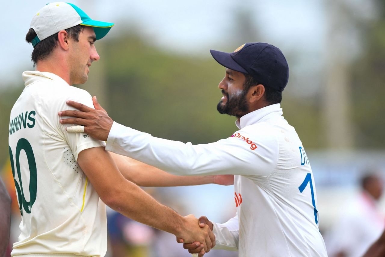 Dimuth Karunaratne and Pat Cummins shake hands, Sri Lanka vs Australia, 2nd Test, Galle, 4th day, July 11, 2022