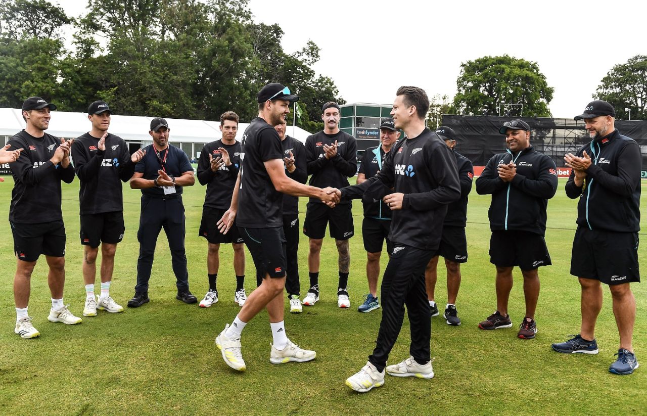 Jacob Duffy receives his ODI cap from Michael Bracewell, Ireland vs New Zealand, 2nd ODI, Dublin, July 12, 2022