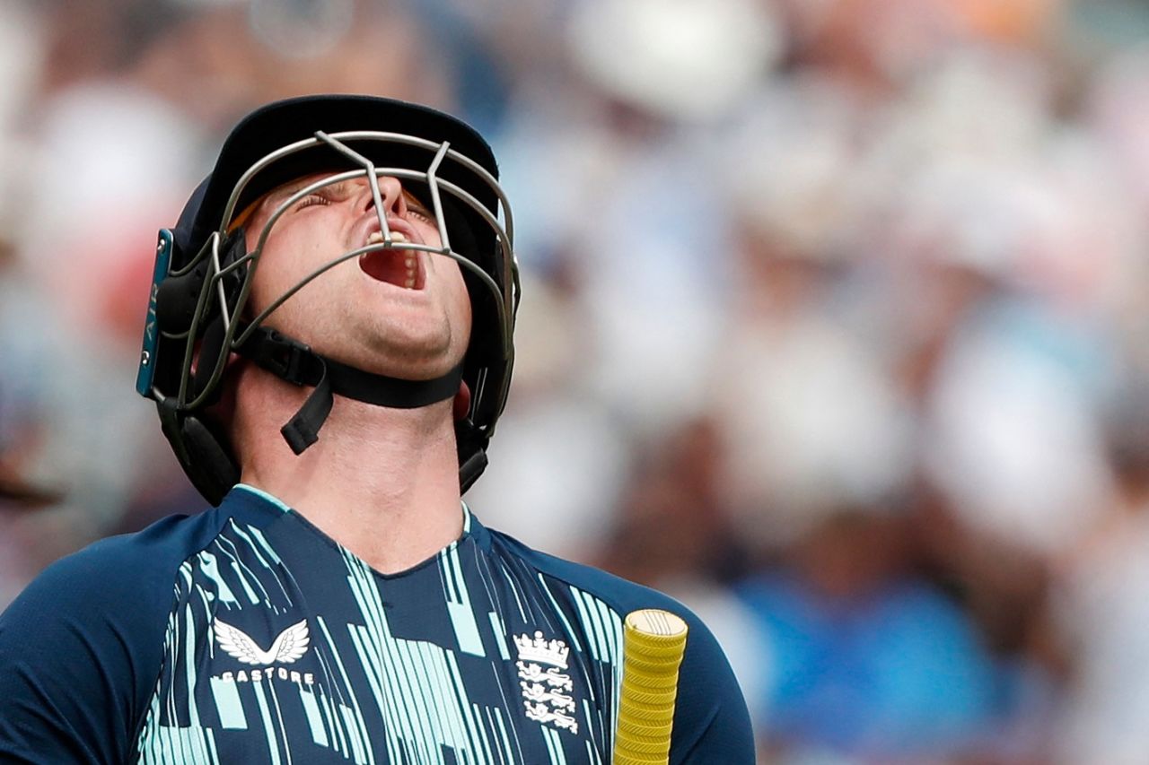 A frustrated Jason Roy walks back for a duck, England vs India, 1st ODI, The Oval, July 12, 2022