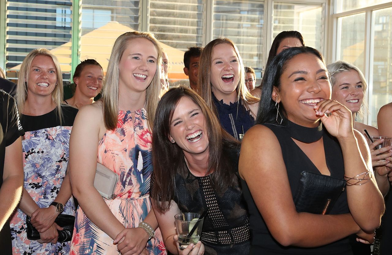 Alana King (front, right) laughs during the BBL launch, Sydney Thunder v Sydney Sixers, Big Bash League, Sydney, December 20, 2016