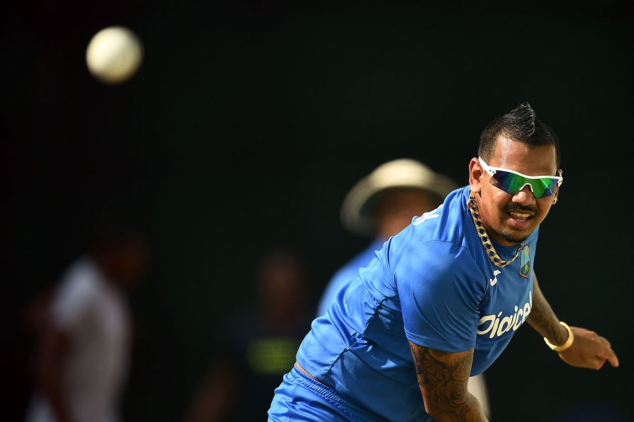 Sunil Narine gets in some bowling practice at the Queen's Park Oval, Pakistan tour of West Indies, Port of Spain,  March 28, 2017.
