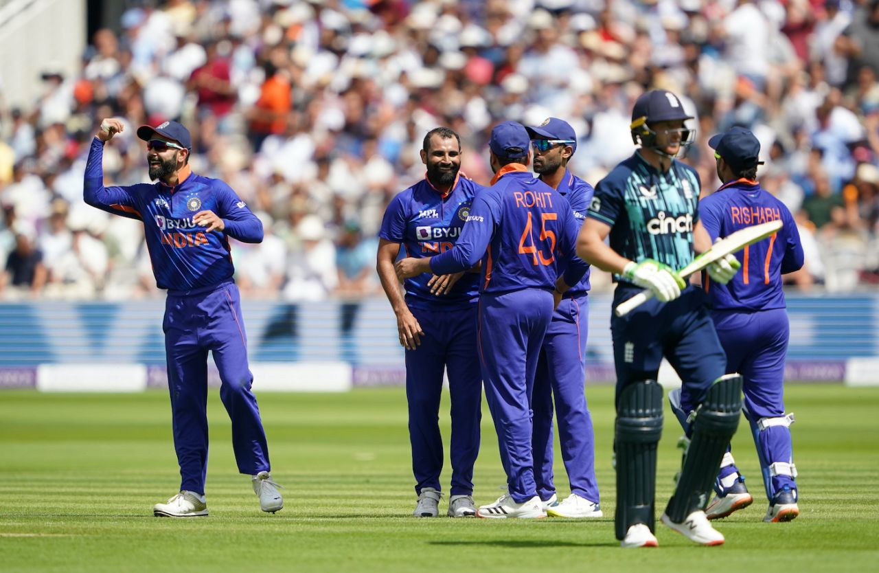Mohammed Shami celebrates after bowling full and straight to knock over Jos Buttler, England vs India, 2nd ODI, Lord's, London, July 14, 2022