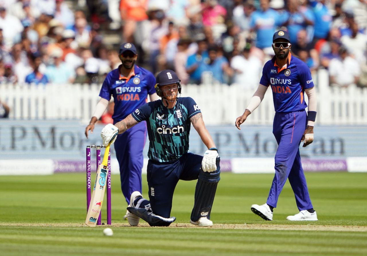 Ben Stokes tried to counter Yuzvendra Chahal's slow leg-spinners with the reverse sweep and found some success, but eventually got out LBW, England vs India, 2nd ODI, Lord's, London, July 14, 2022