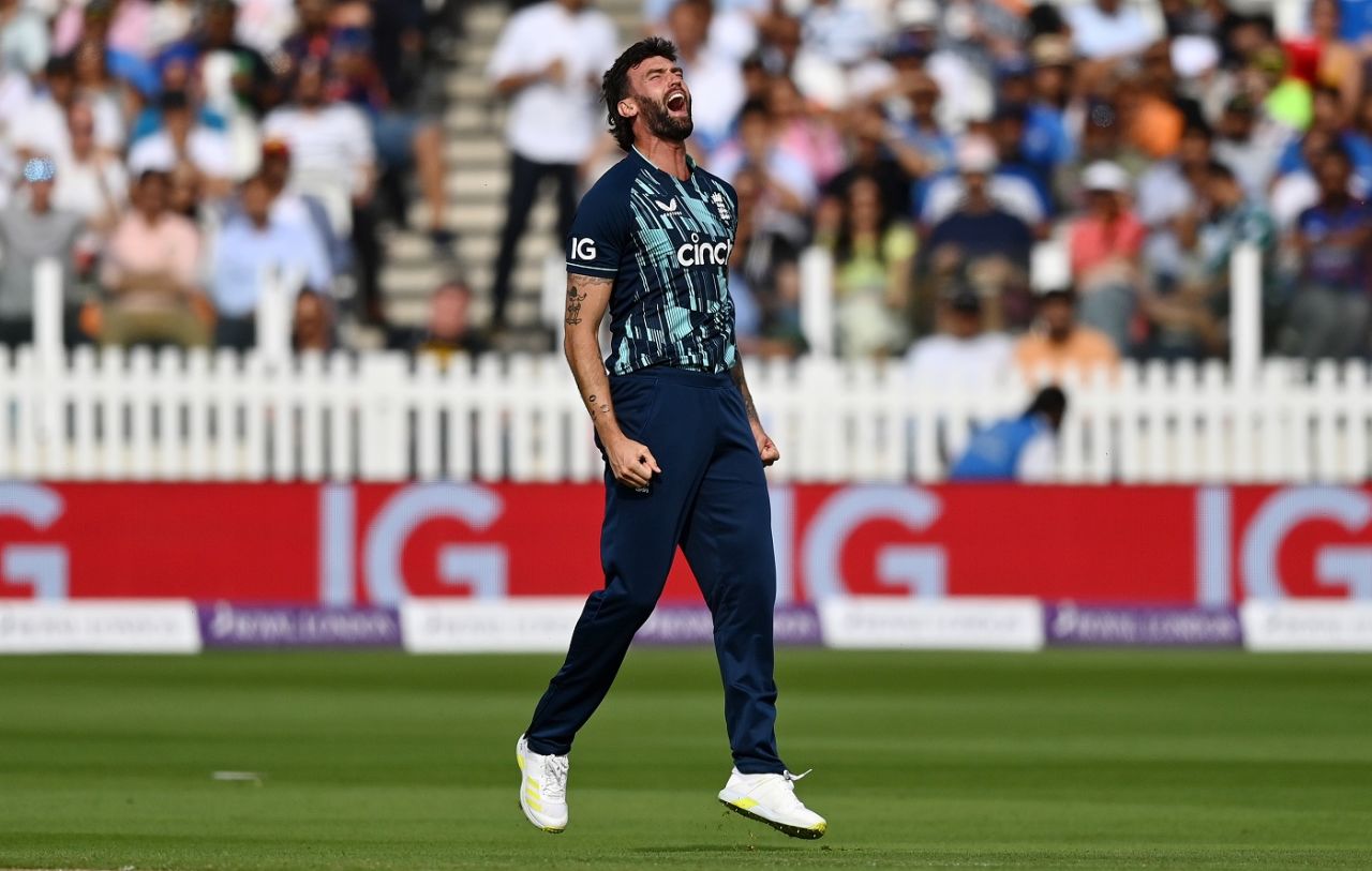 Reece Topley roars after removing Rohit Sharma, England vs India, 2nd ODI, Lord's, London, July 14, 2022